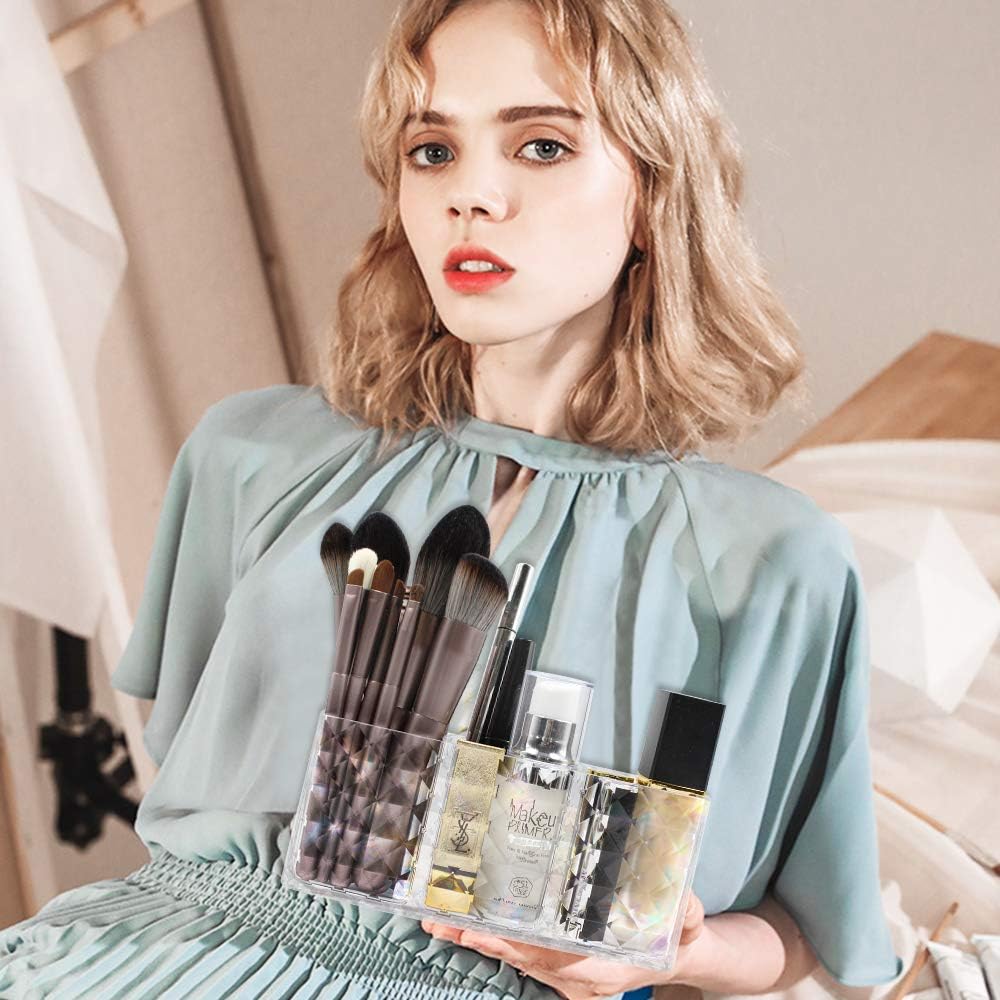 3-Compartment Crystal Cosmetic Organizer – Acrylic Makeup Brush & Lipstick Holder