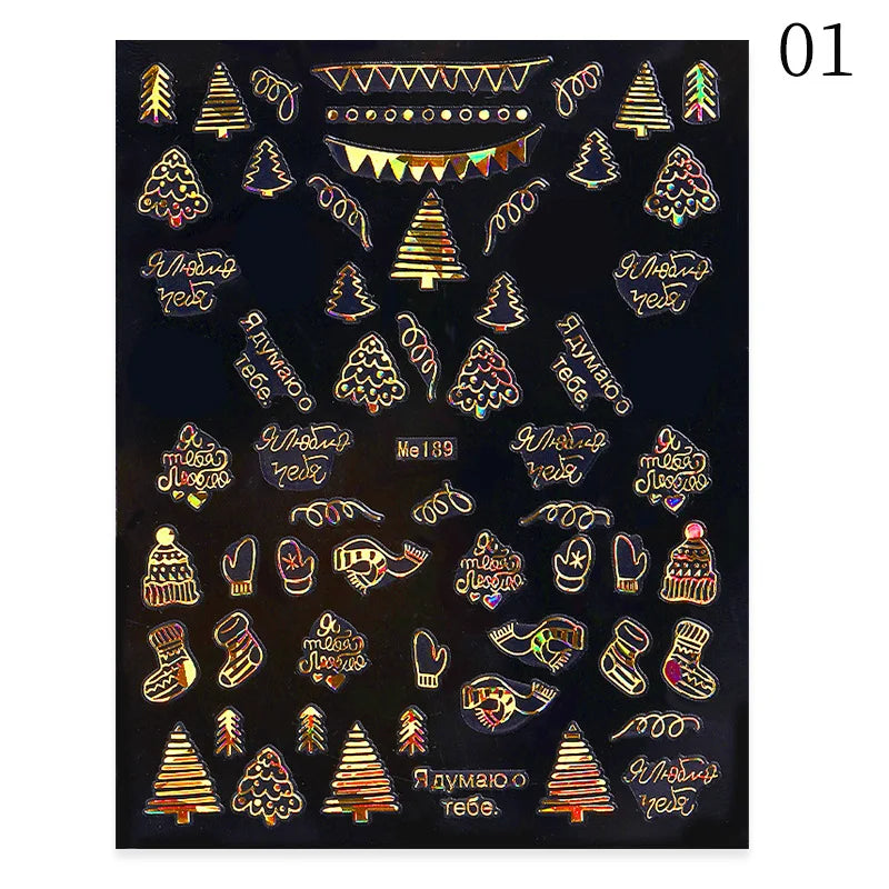 1PCS 3D Laser Snowflake Snowman Nail Stickers Winter Christmas Nail Art Decoration Gold Silver Christmas Tree Nail Art Stickers